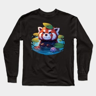 Kawaii Anime Red Panda Bath With Water Lily Long Sleeve T-Shirt